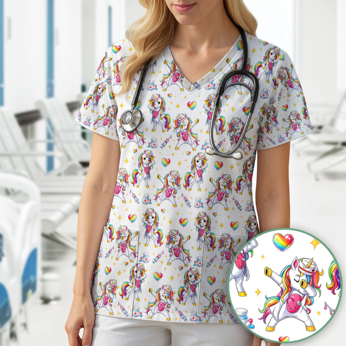 Playful Nurse Unicorn Rainbow Pattern Scrub Top, Comfortable Scrubs for Nurses