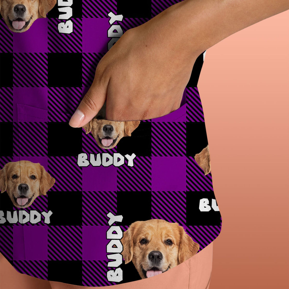 Custom Dog Face Scrub Top, Personalized Pet Photo Checkered Pattern Shirt, Custom Name Vet Tech Gift For Nursing