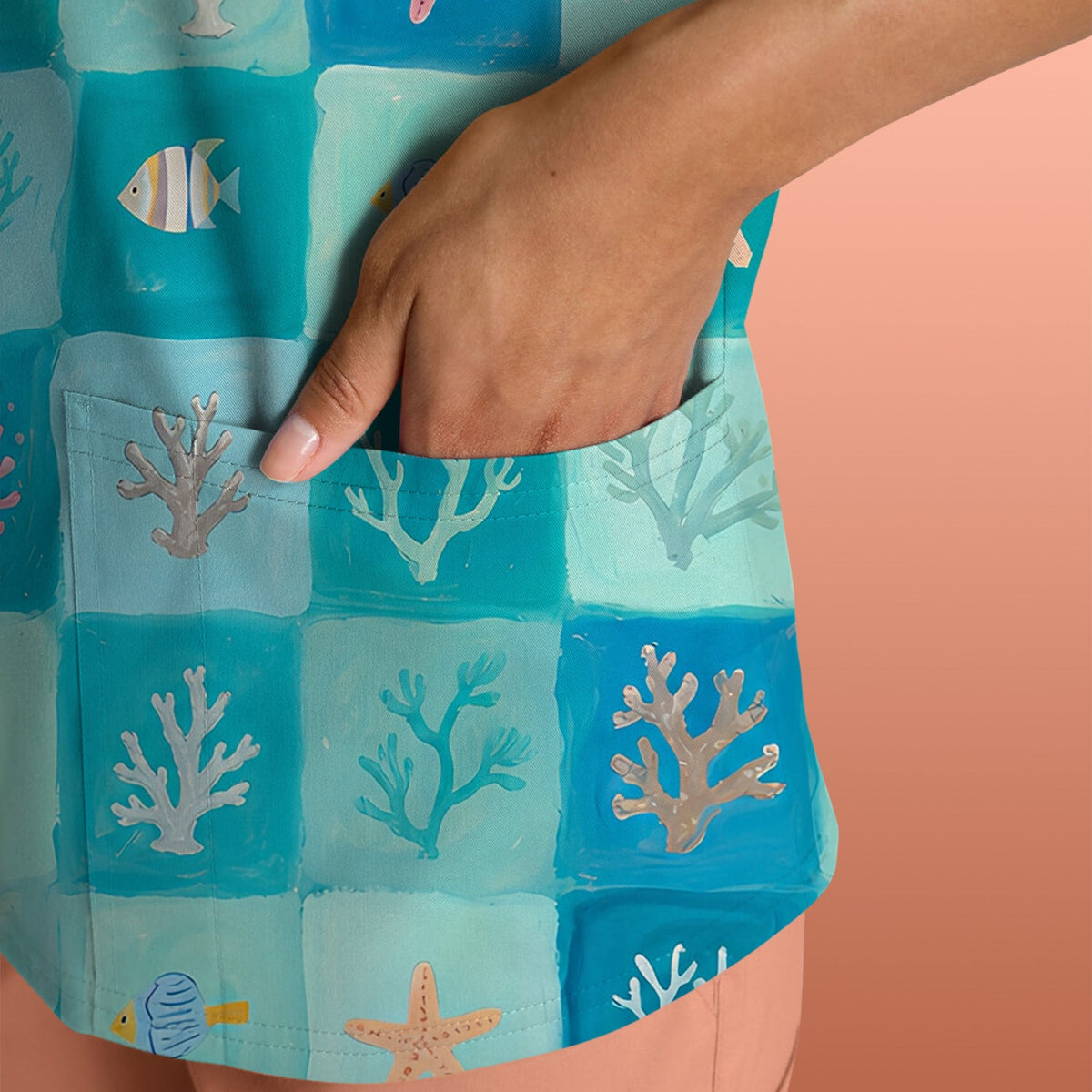 Ocean Coral Fish Checkered Nurse Scrub Top