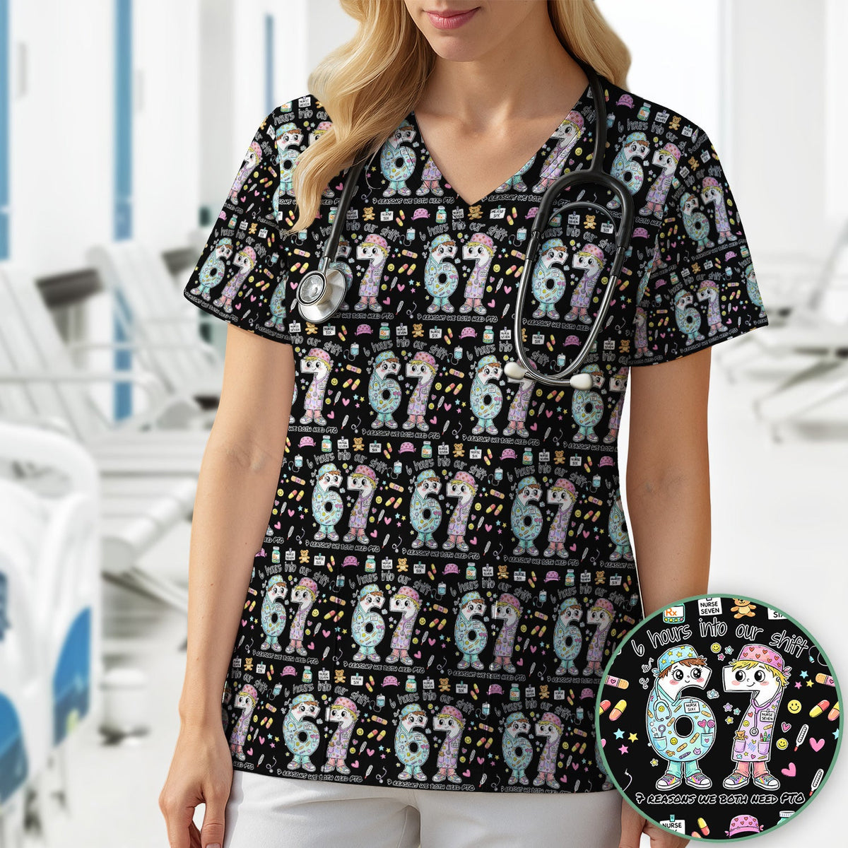 Six Hours Into Shift Blue Nurse Scrub Top