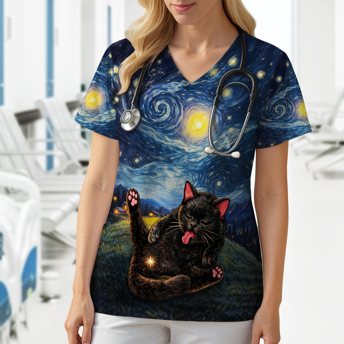Black Cat Cosmic Night Sky Nurse Scrub Top