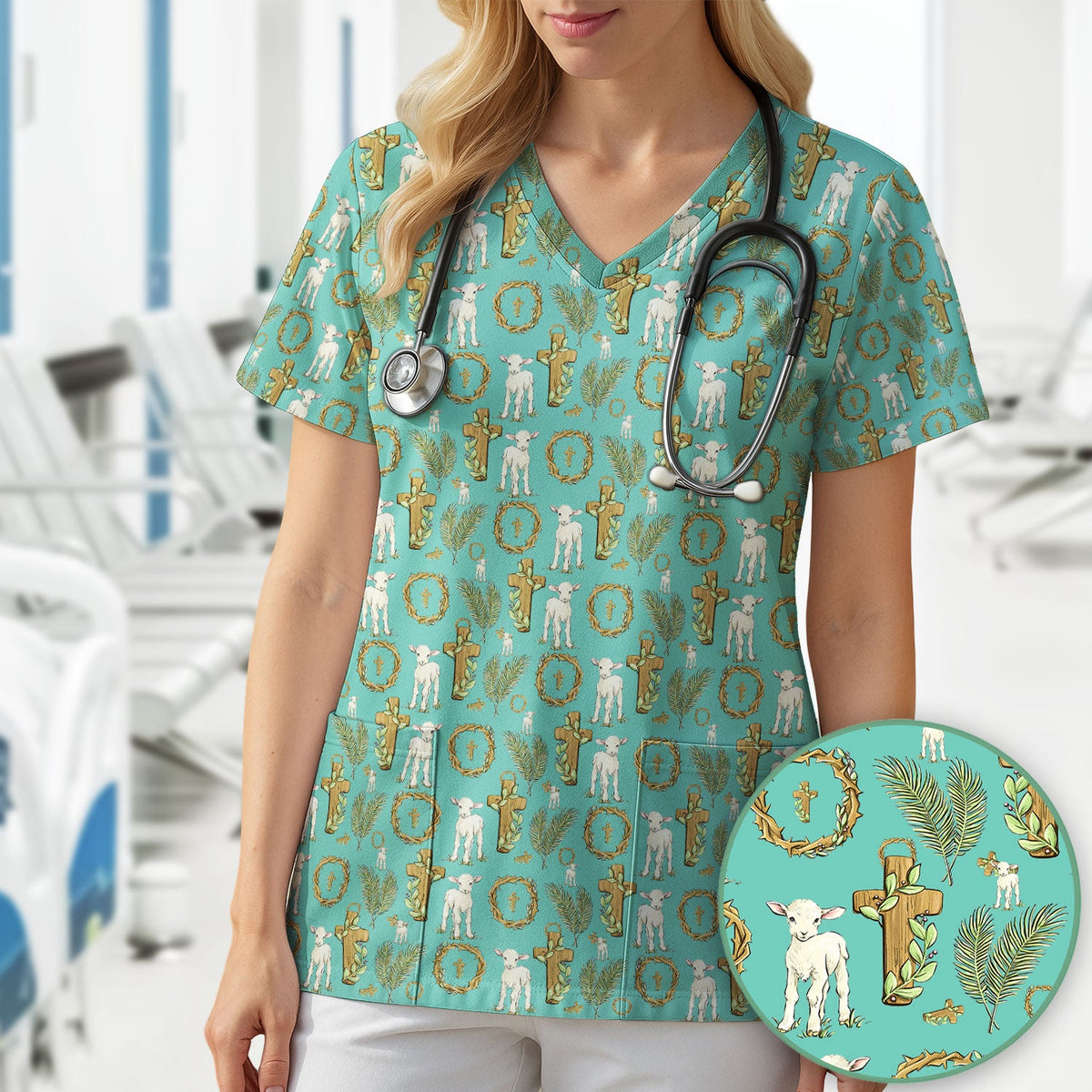 Faith Lamb Cross Nurse Scrub Top