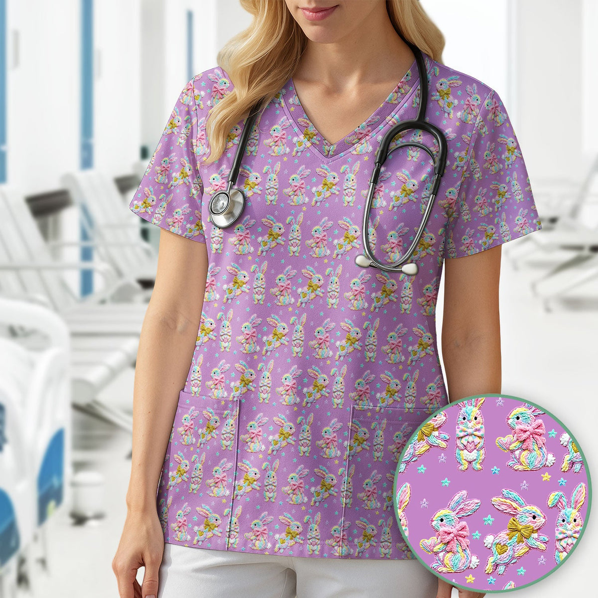 Cartoon Bunny Nurse Scrub Top - Easter Gift