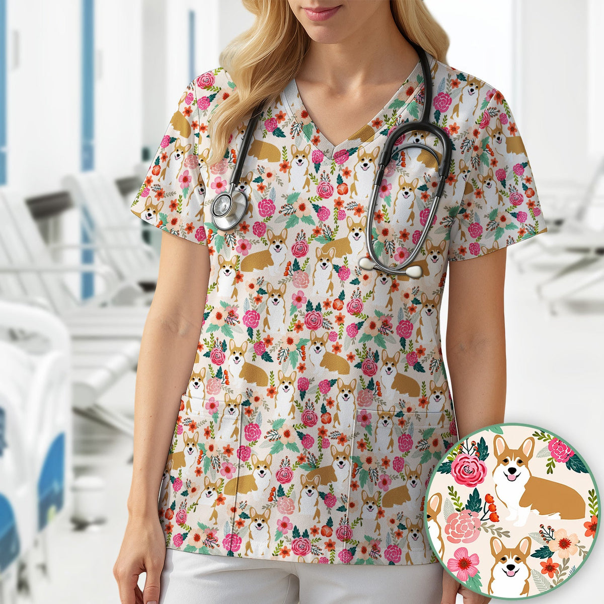 Corgi Floral Garden Nurse Scrub Top