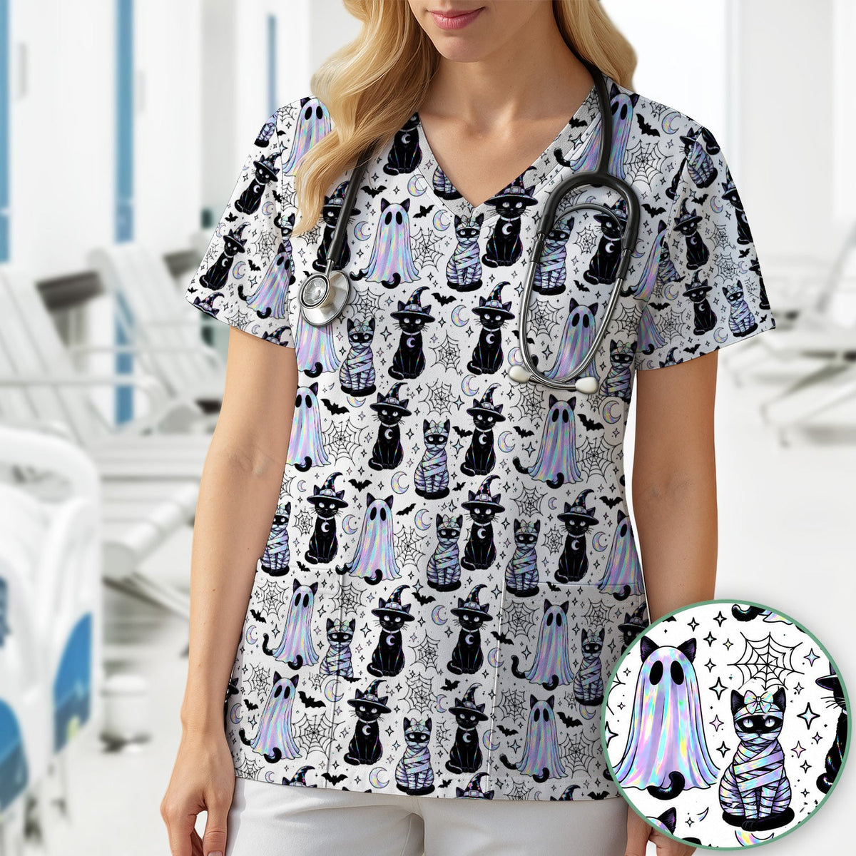 Ghost Witch Cat Nurse Scrub Top - Halloween Gift