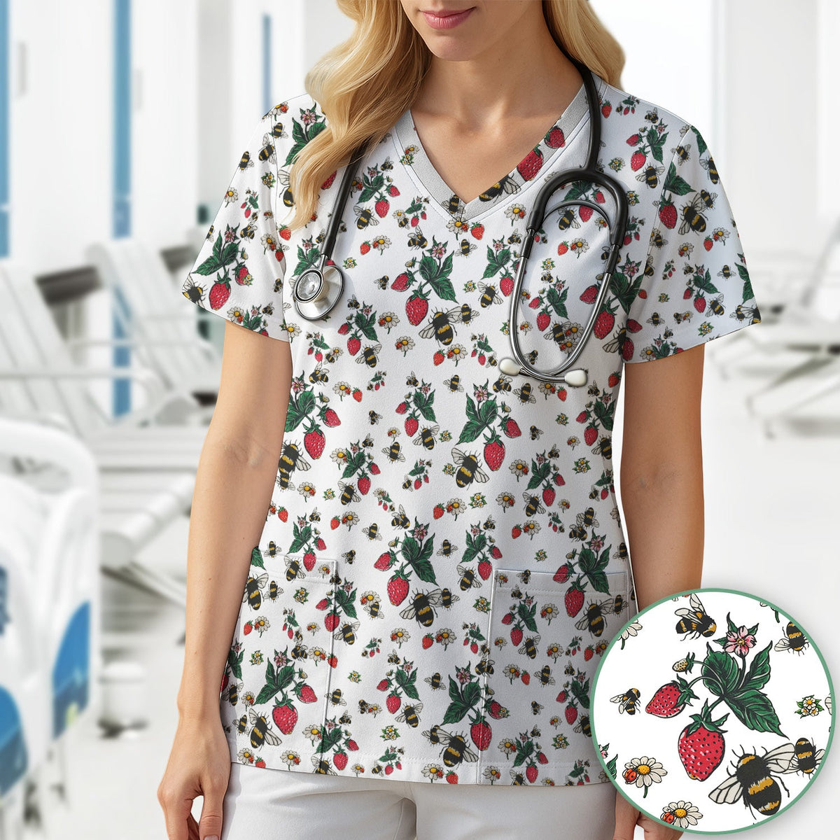 Strawberry Bee Daisy Nurse Scrub Top