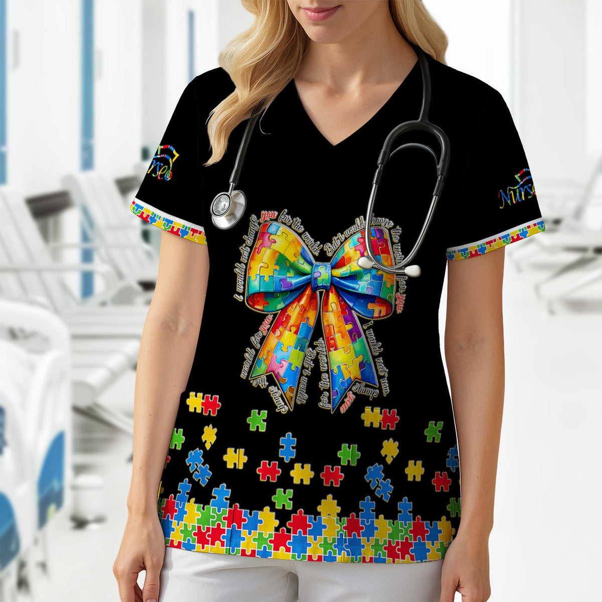 Autism Puzzle Bow Colorful Pieces Nurse Scrub Top