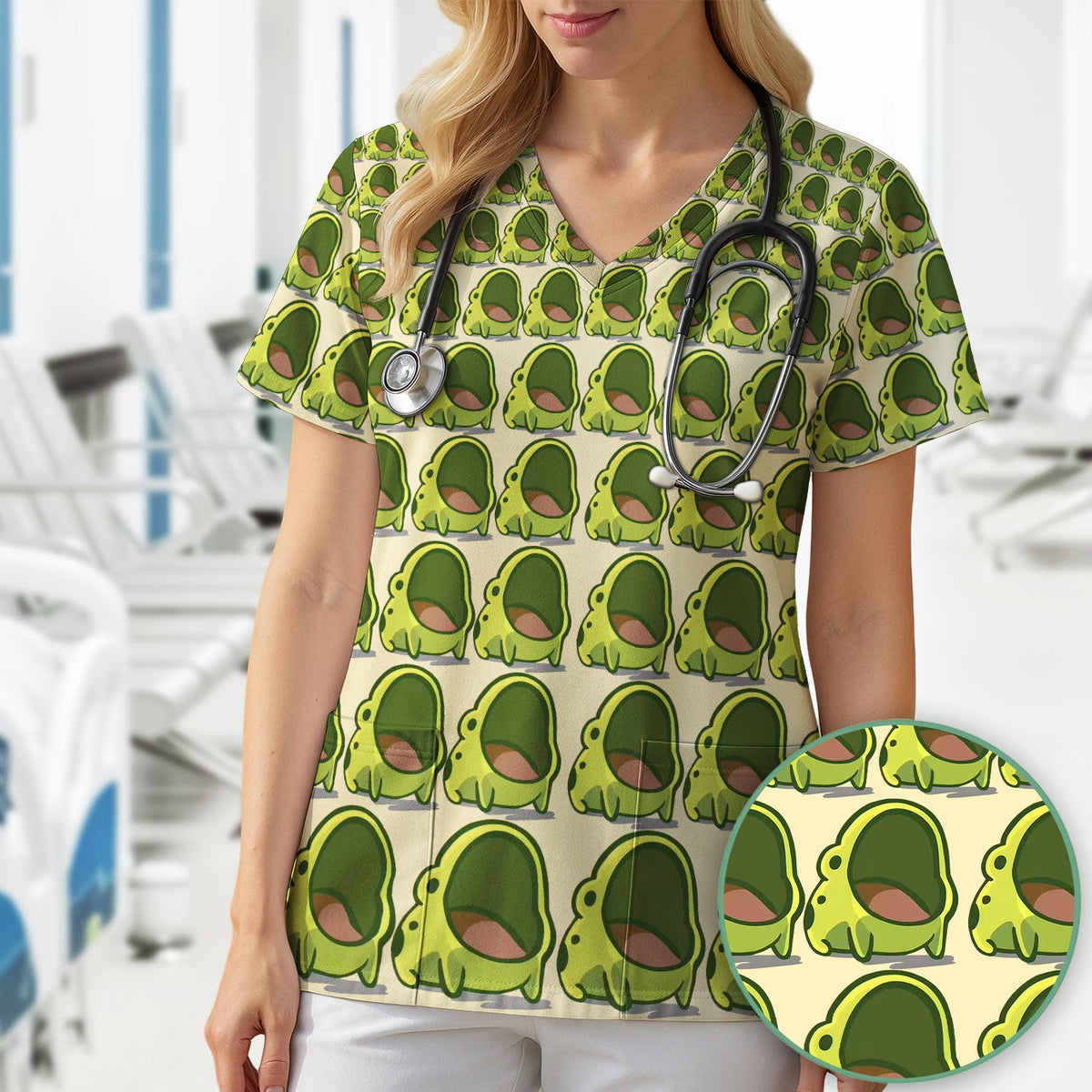 Green Frog Cartoon Nurse Scrub Top