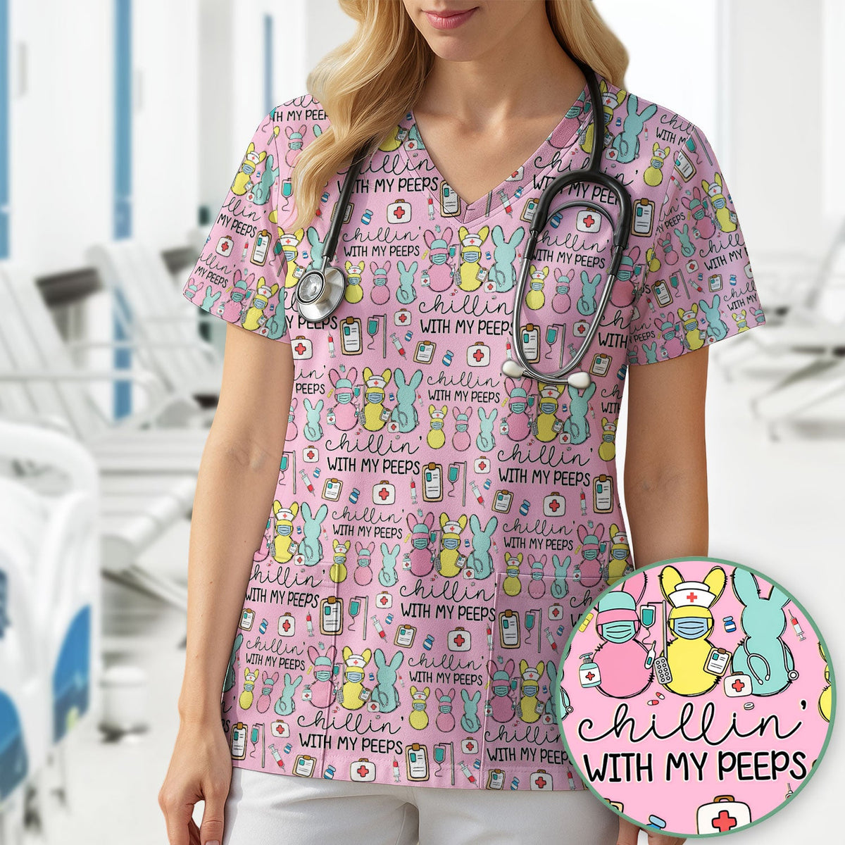 Bunny Nurse Chillin With My Peeps Scrub Top - Easter Gift