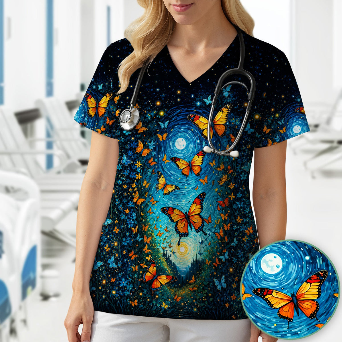 Moonlit Butterfly Pediatric Nurse Scrub Top