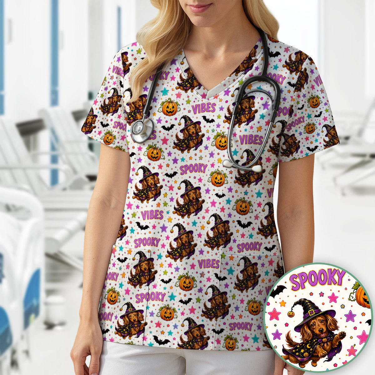 Spooky Dachshund Vibes Nurse Scrub Top