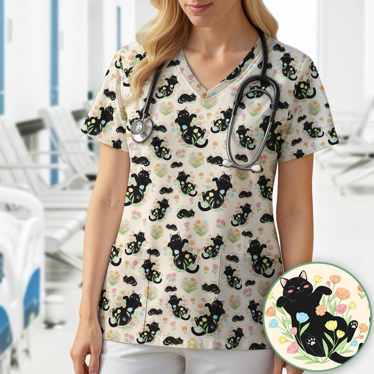 Cats Cute Poses Floral Nurse Scrub Top