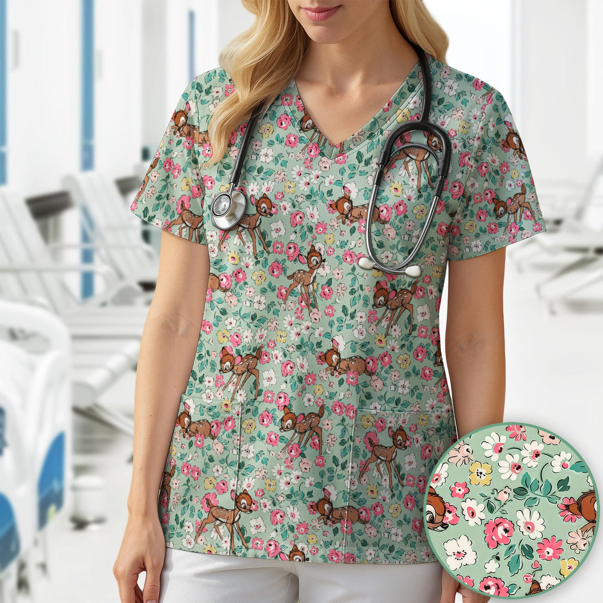 Cute Baby Deer Floral Nurse Scrub Top