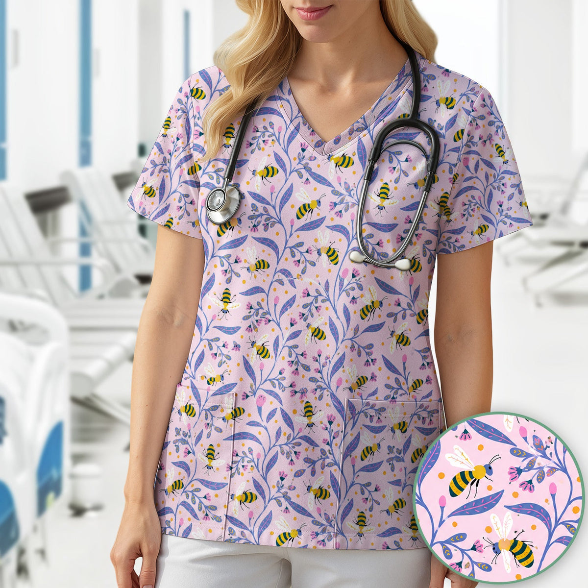 Cute Bumble Bee Floral Nurse Scrub Top