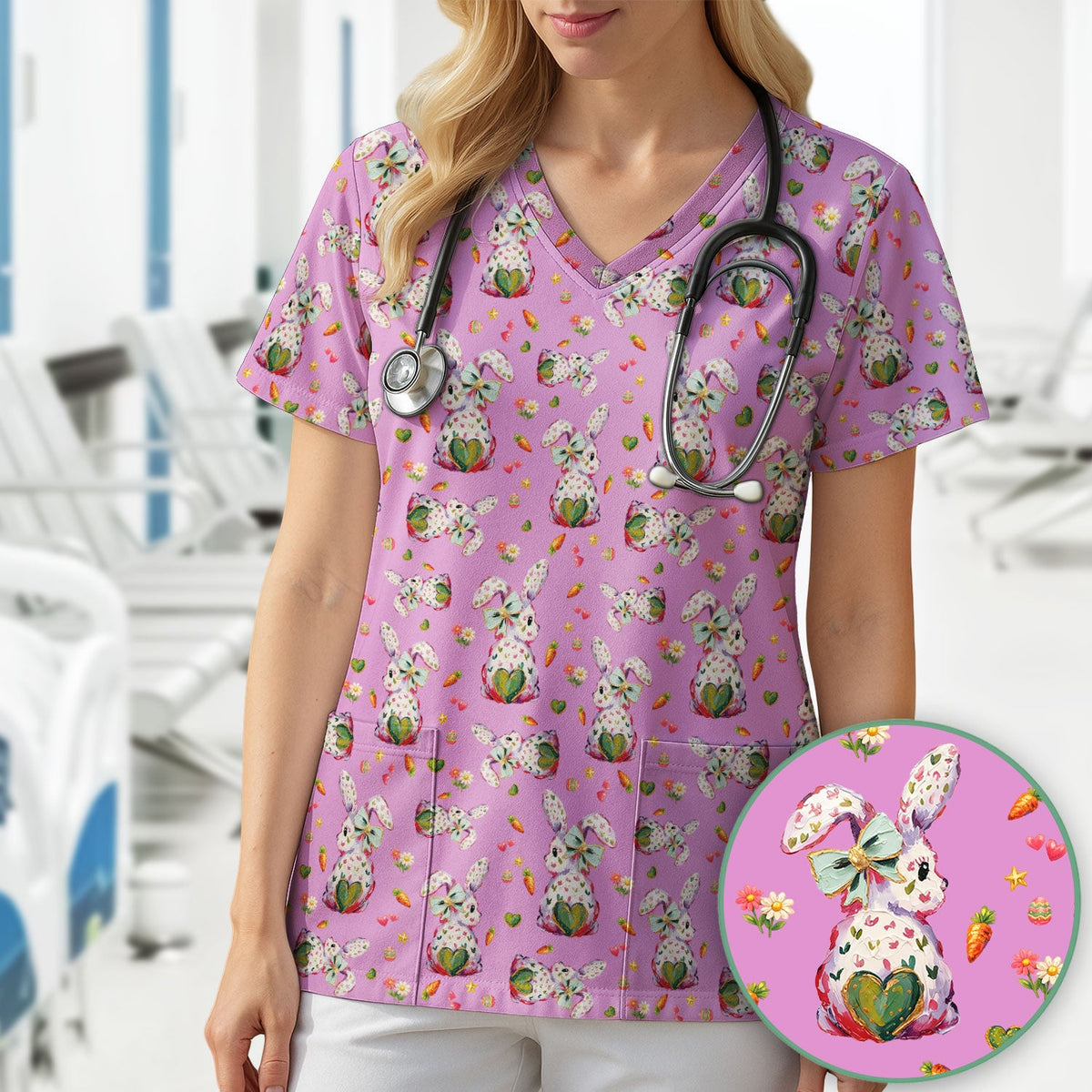 Pastel Bunny Easter Nurse Scrub Top