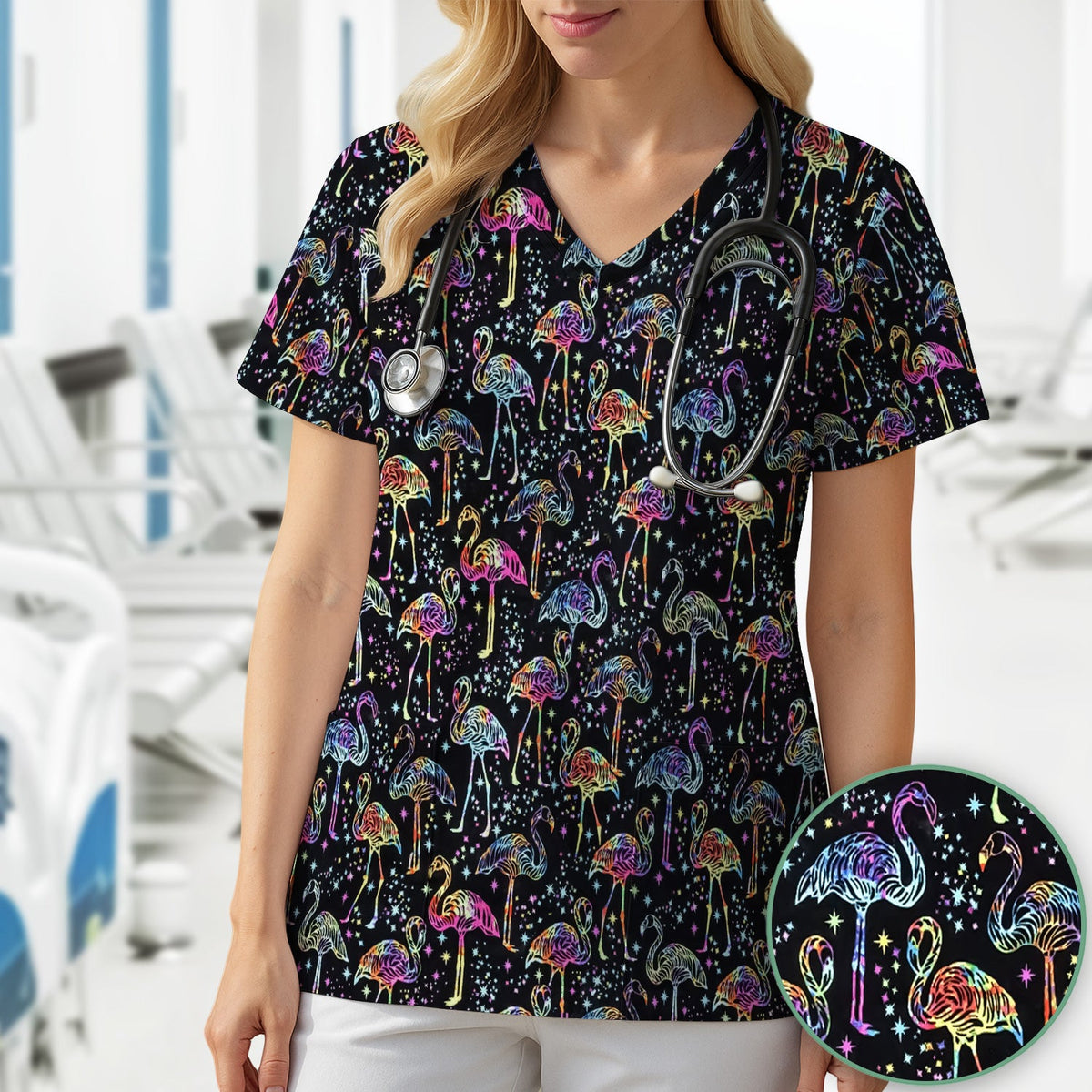 Neon Flamingo Starry Night Nurse Scrub Top