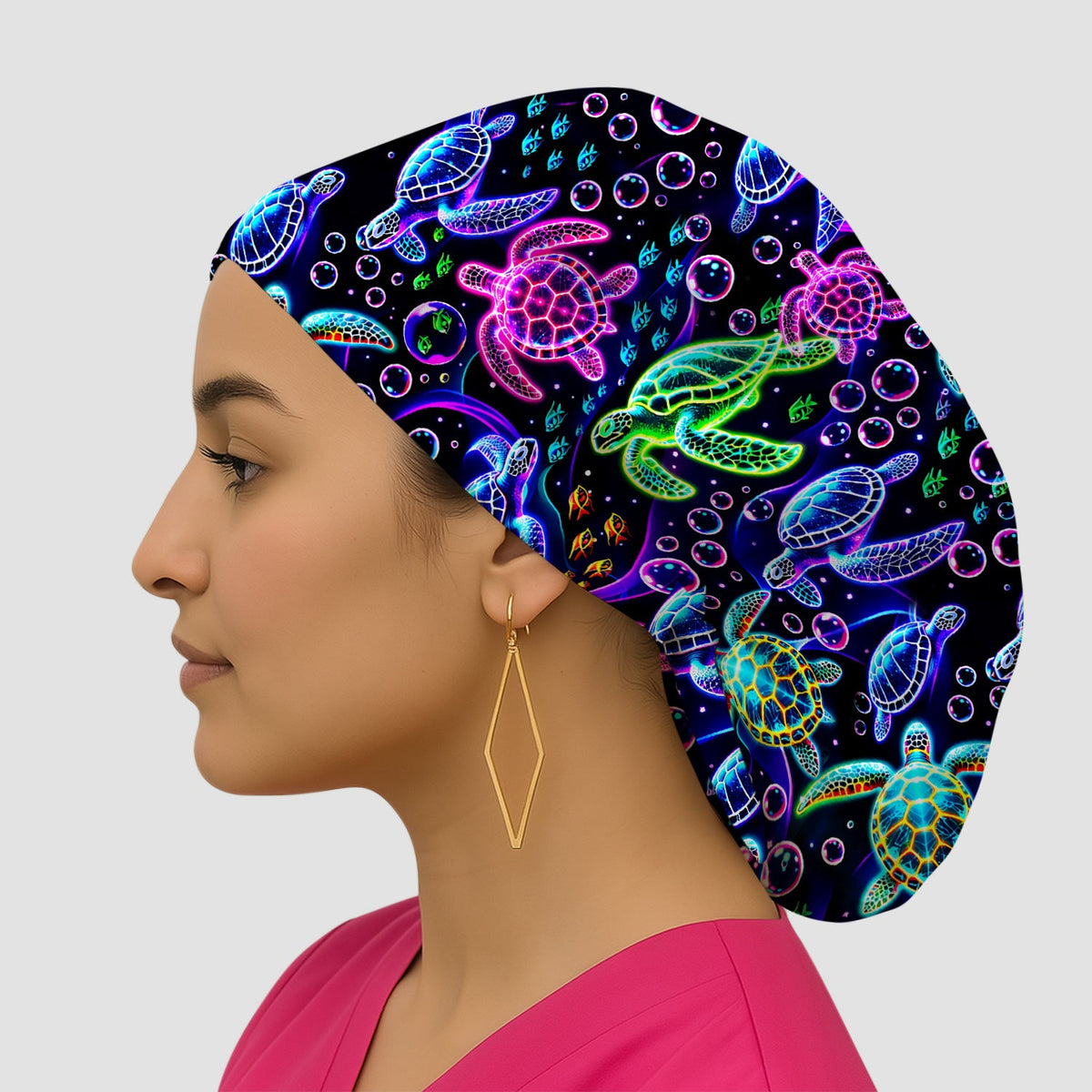 Neon Sea Turtle Bubble Nurse Scrub Cap