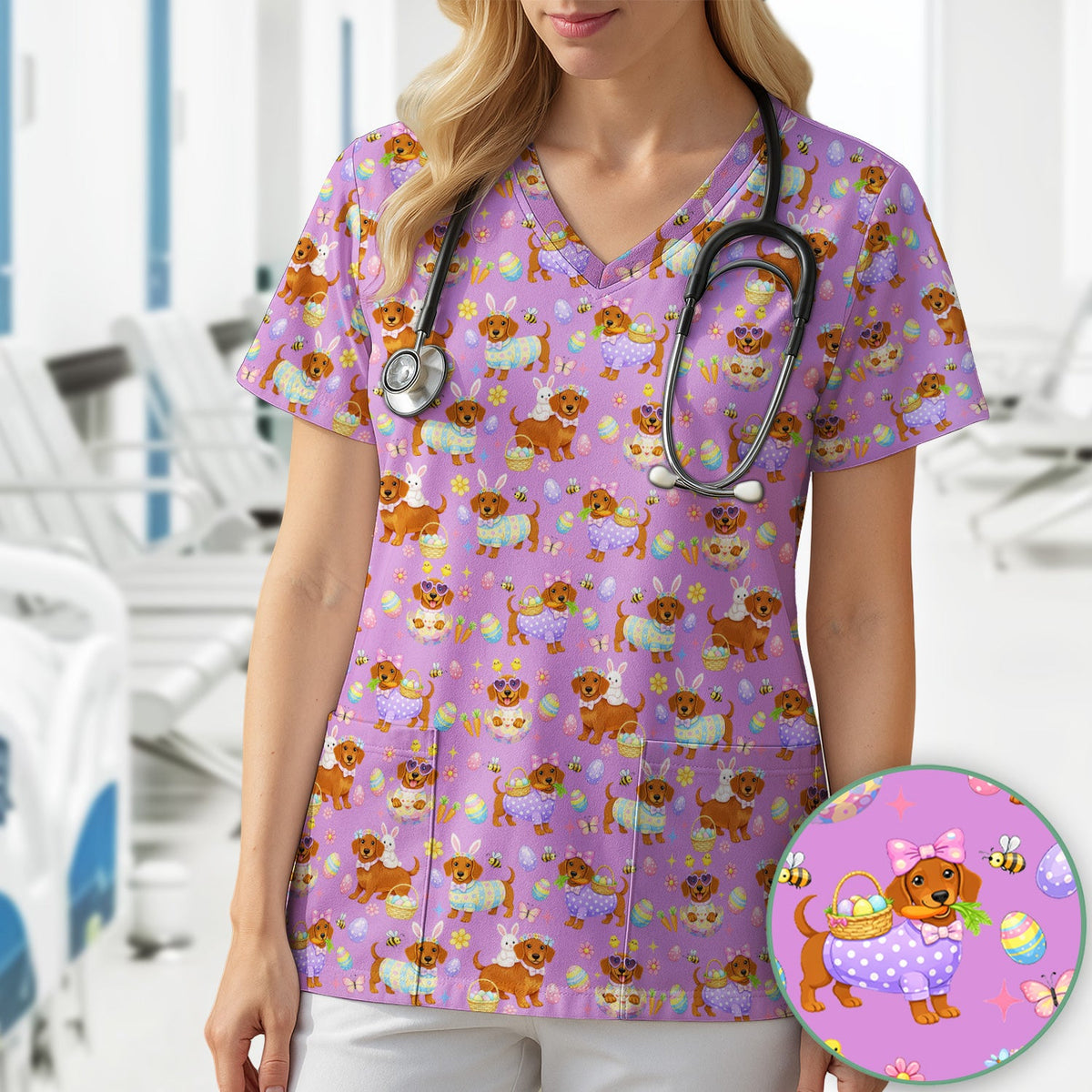 Easter Dachshund Nurse Scrub Top