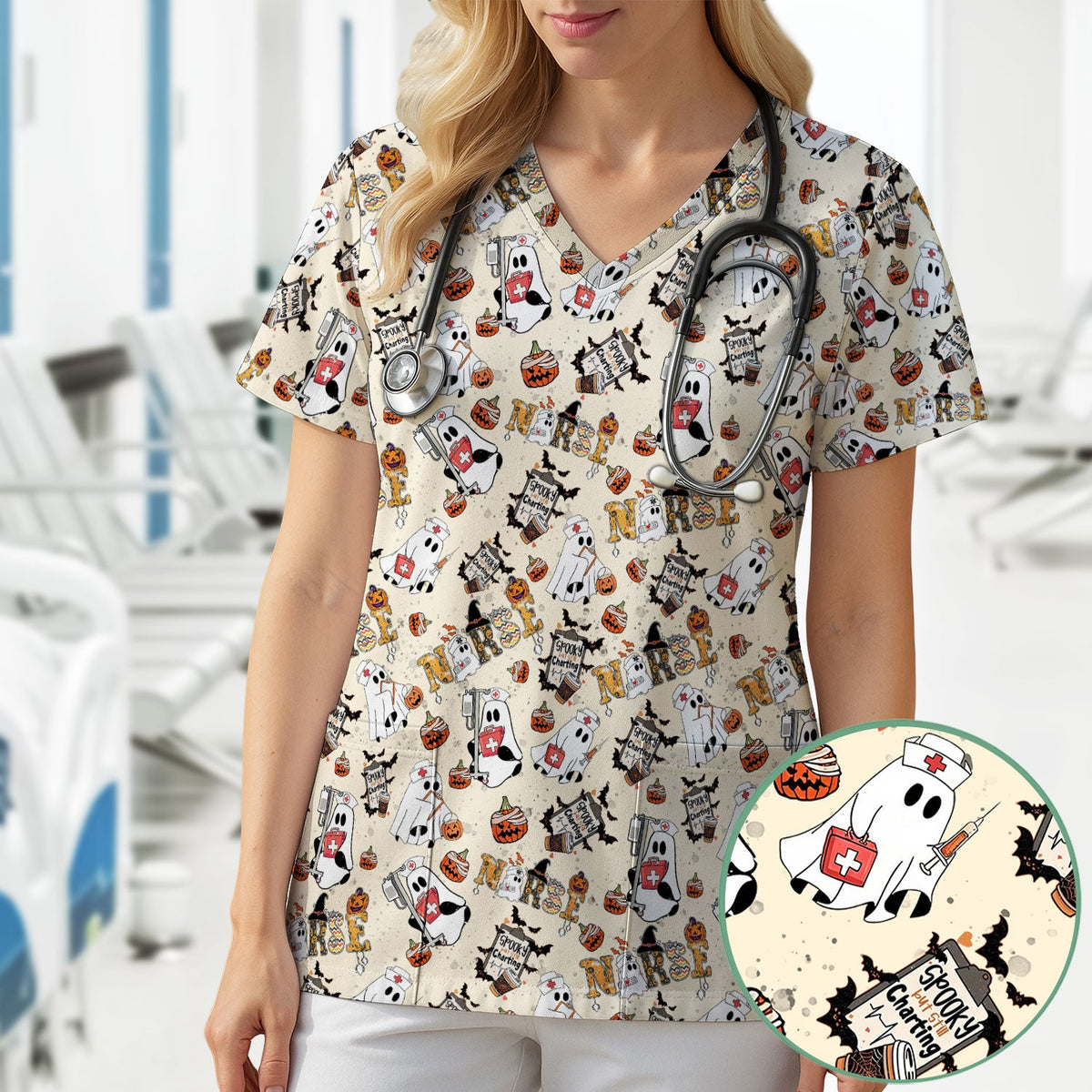 Spooky But Still Charting Nurse Scrub Top - Halloween Gift