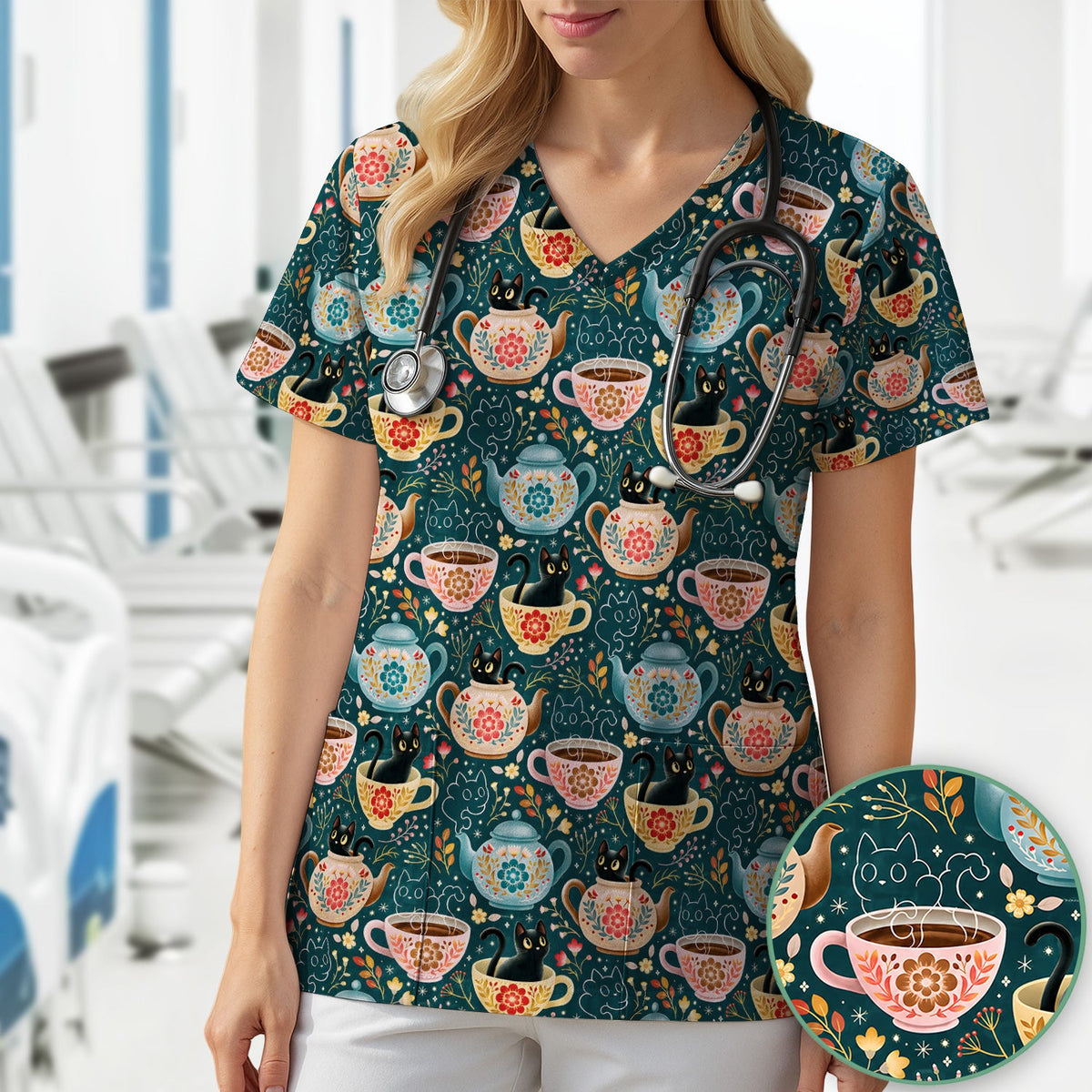Black Cat Tea Party Veterinary Nurse Scrub Top