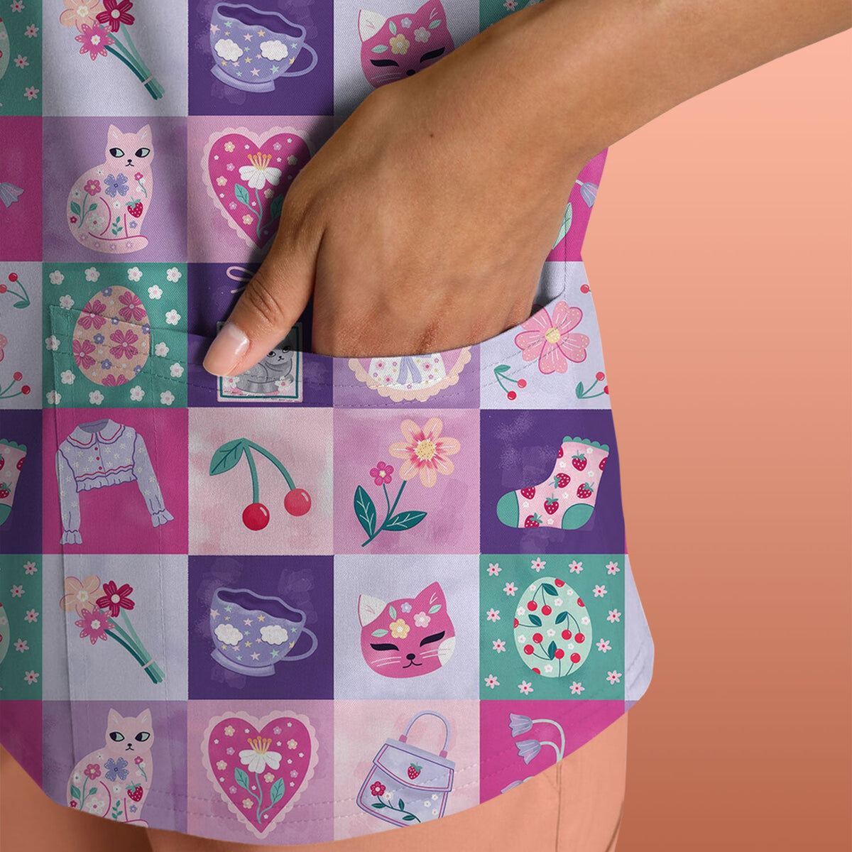 Pastel Cat Patchwork Kawaii Nurse Scrub Top