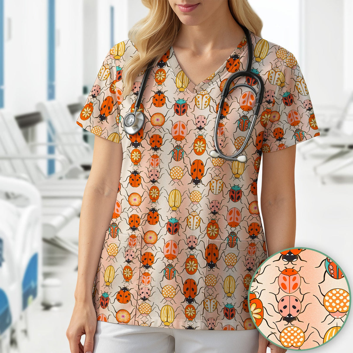 Ladybug Beetle Floral Nurse Scrub Top