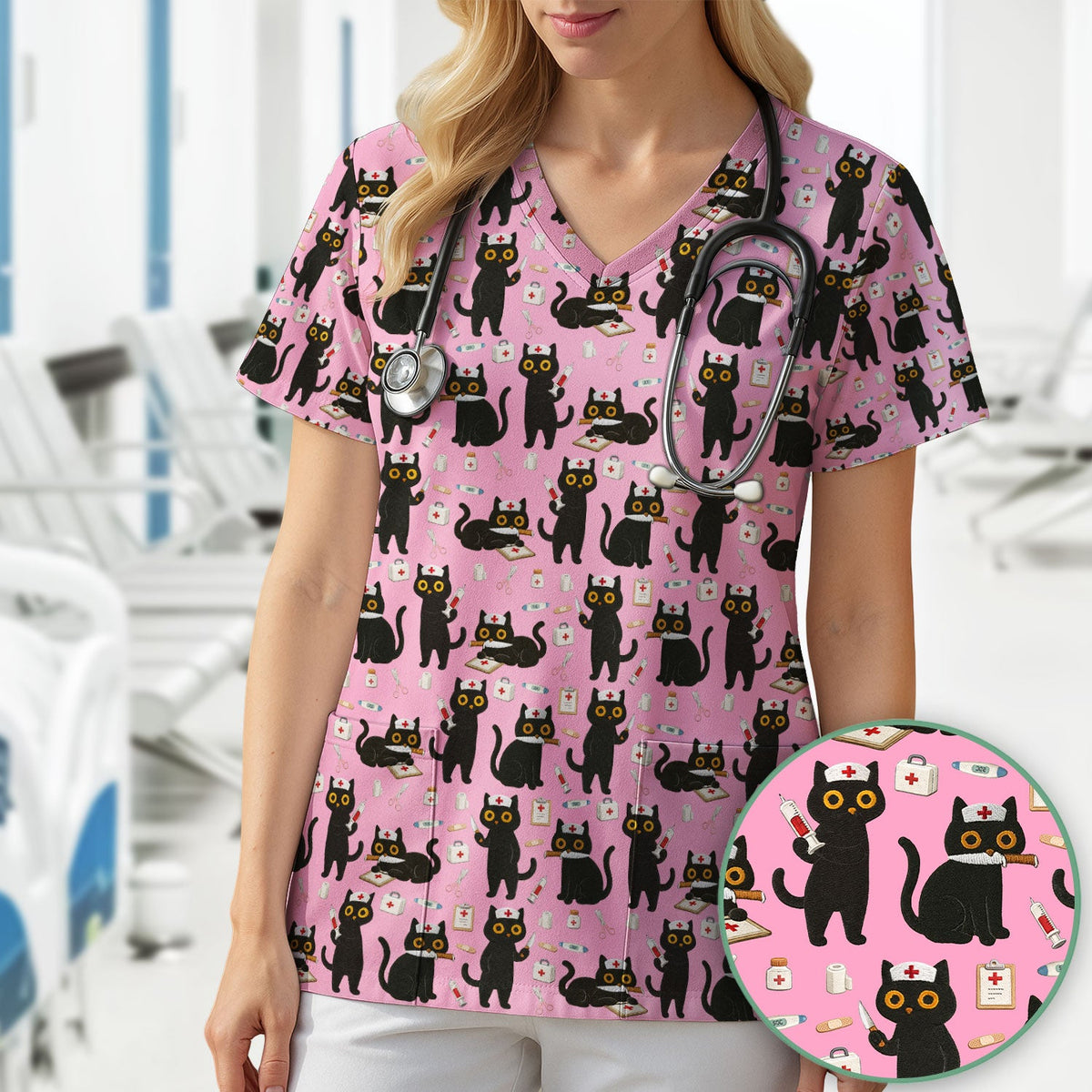 Cute Black Cat Nurse Scrub Top