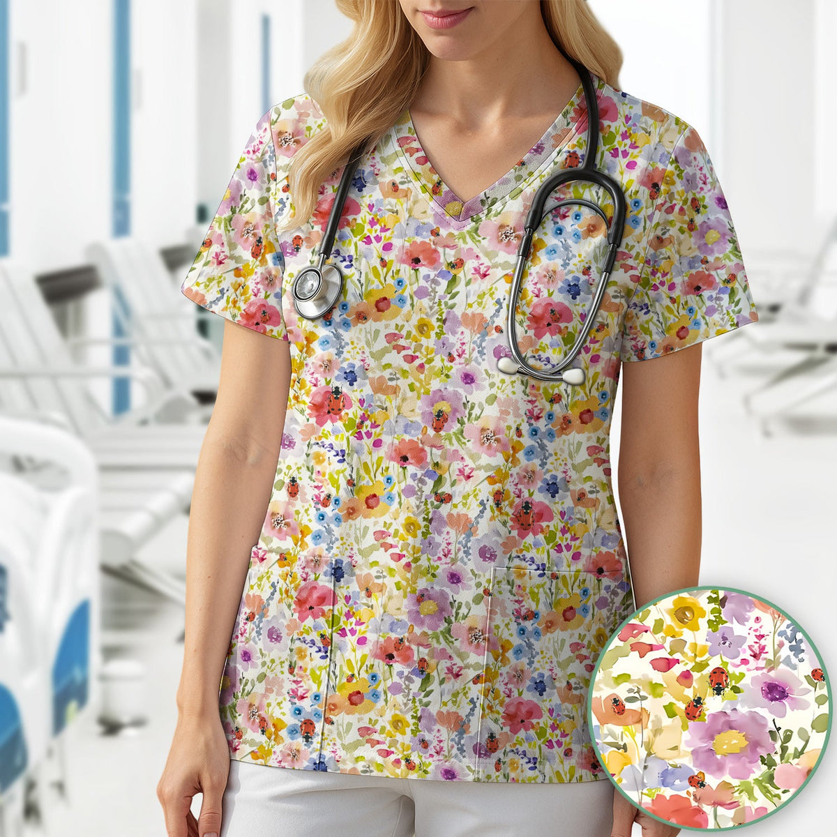 Wildflower Ladybug Garden Nurse Scrub Top