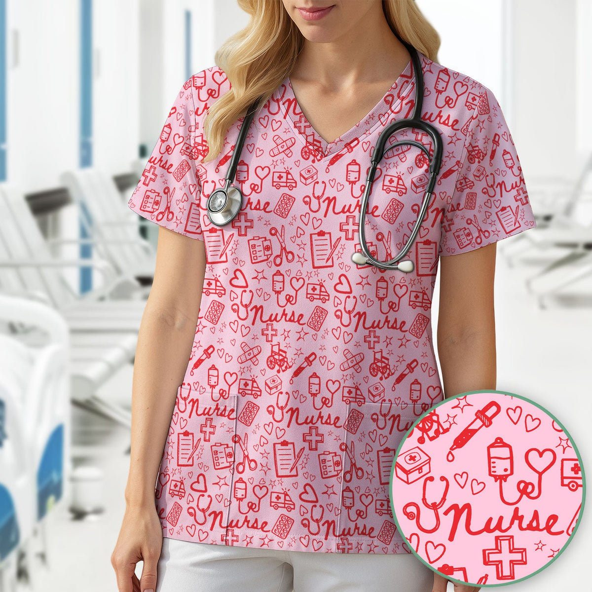 Cute Nurse Heart Medical Pattern Scrub Top, Comfortable Scrubs for Nurses