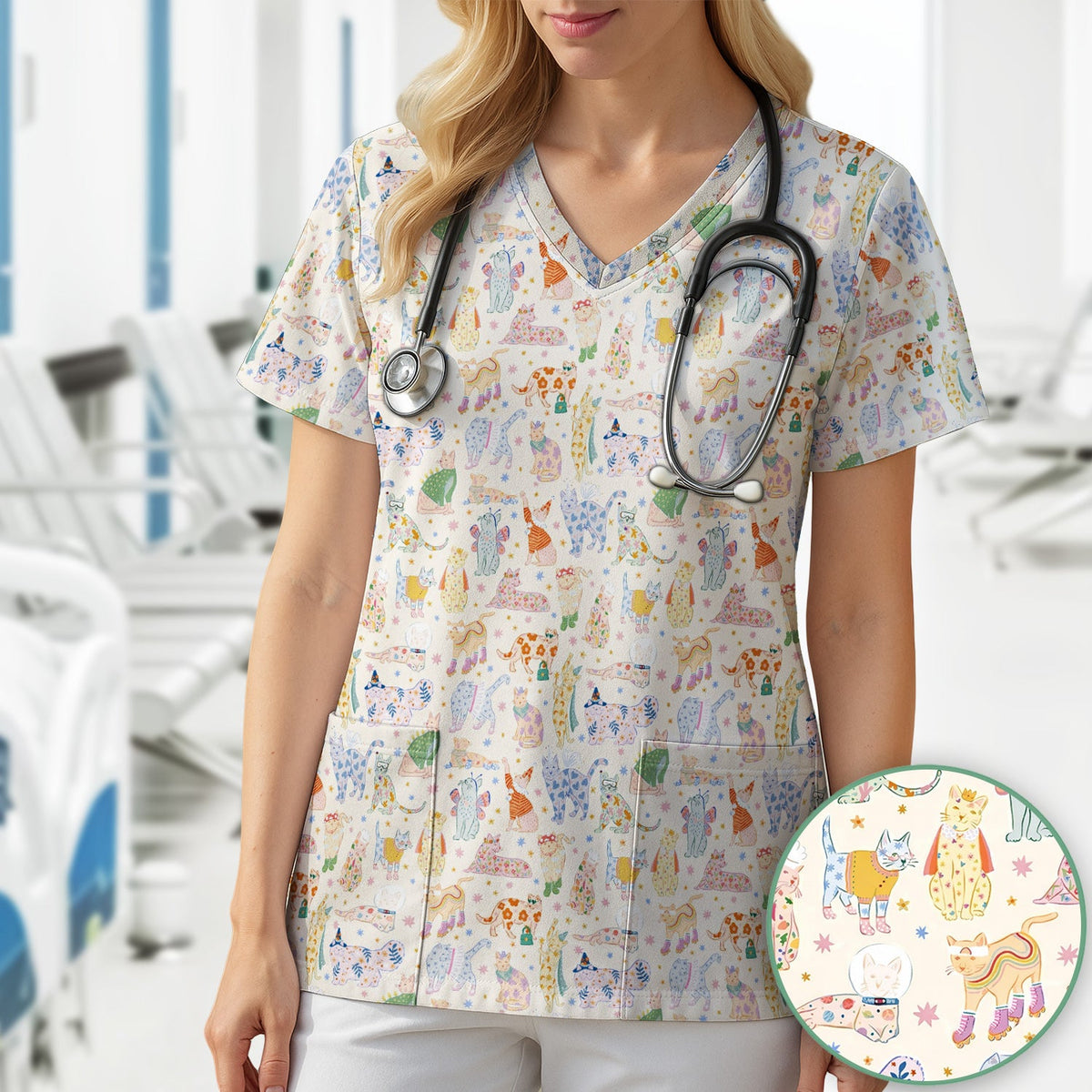 Colorful Cats Nurse Scrub Top