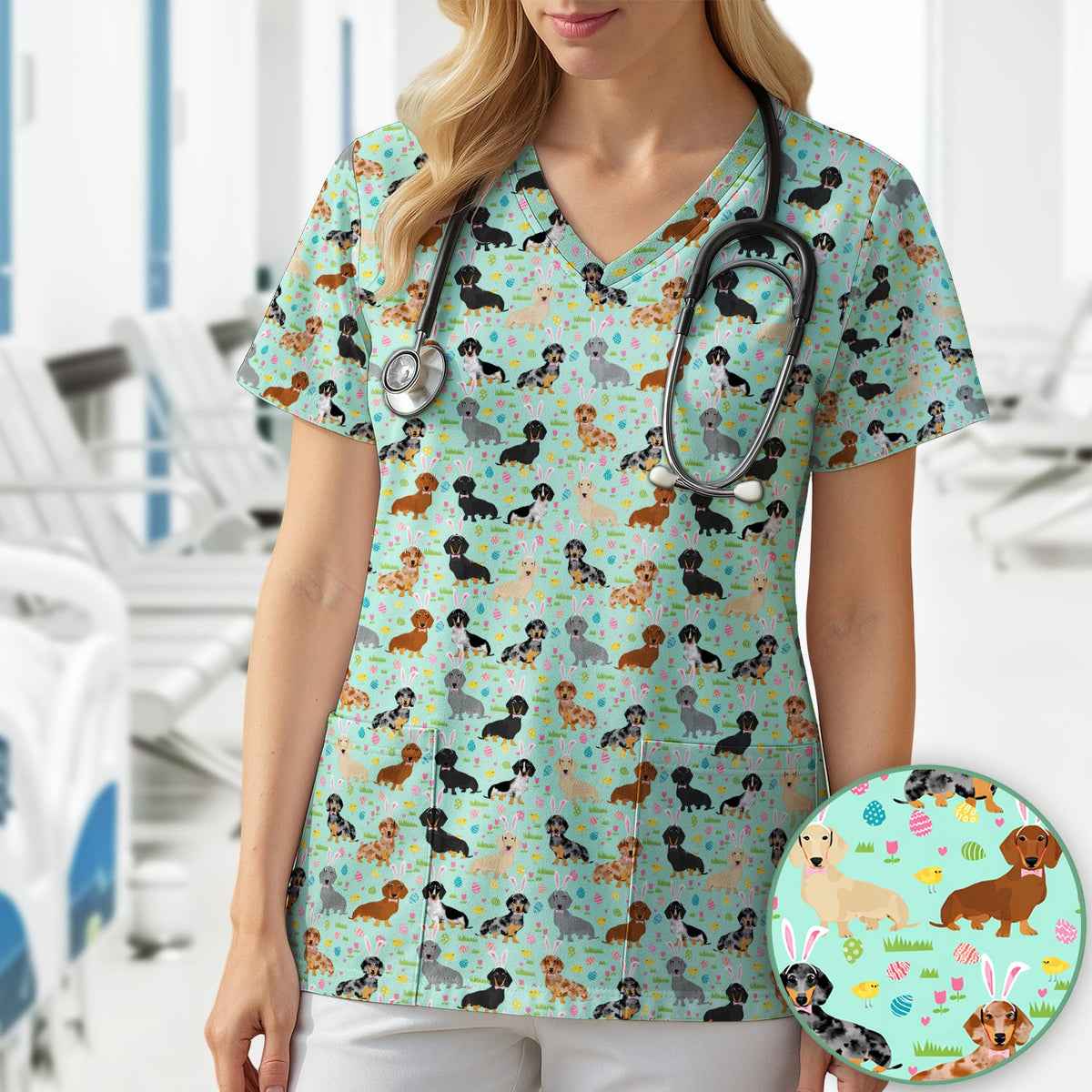 Dachshund Dog Nurse Scrub Top - Easter Gift