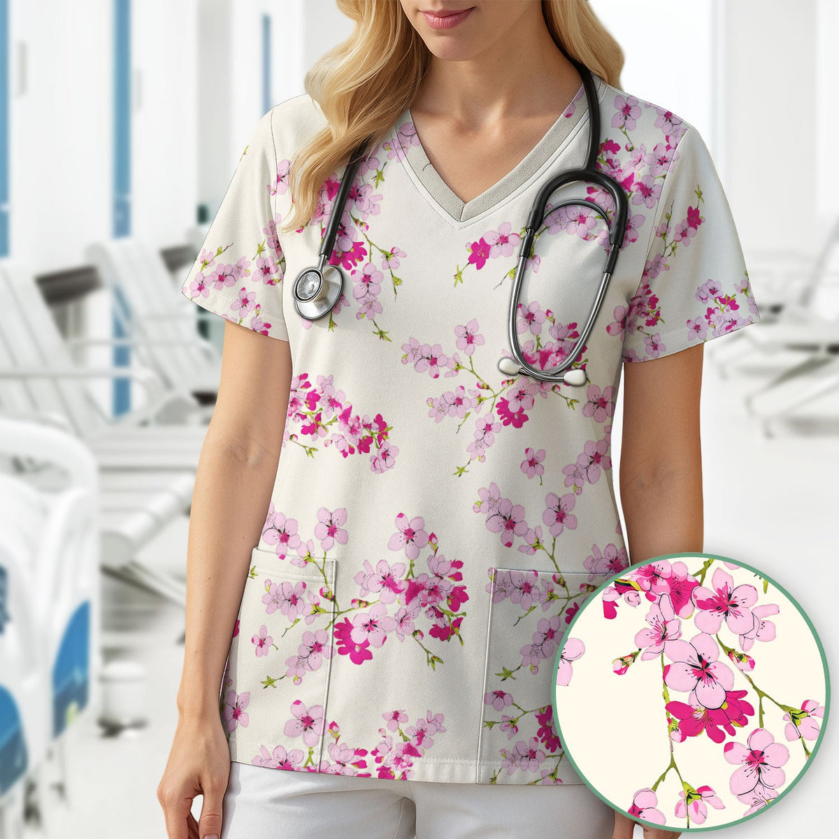 Elegant Cherry Blossom Nurse Scrub Top