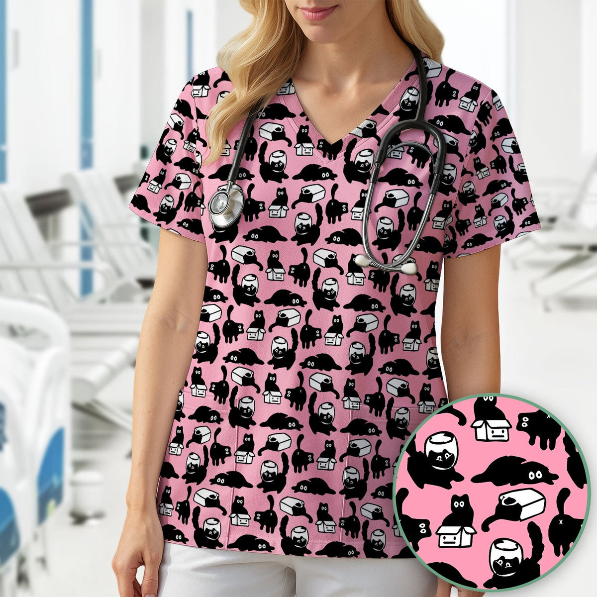 Dark Playful Cat Nurse Scrub Top