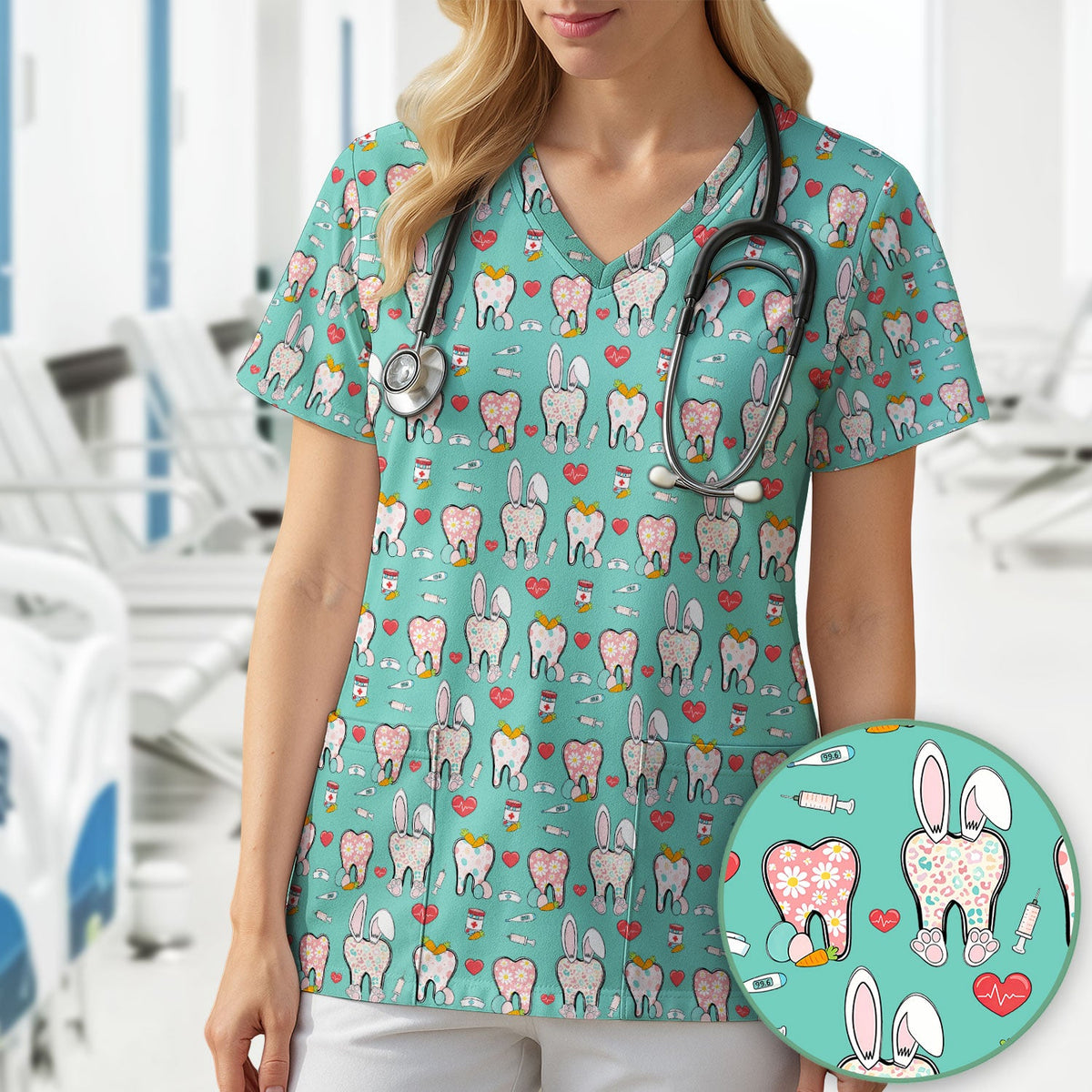Easter Bunny Dentist Nurse Scrub Top