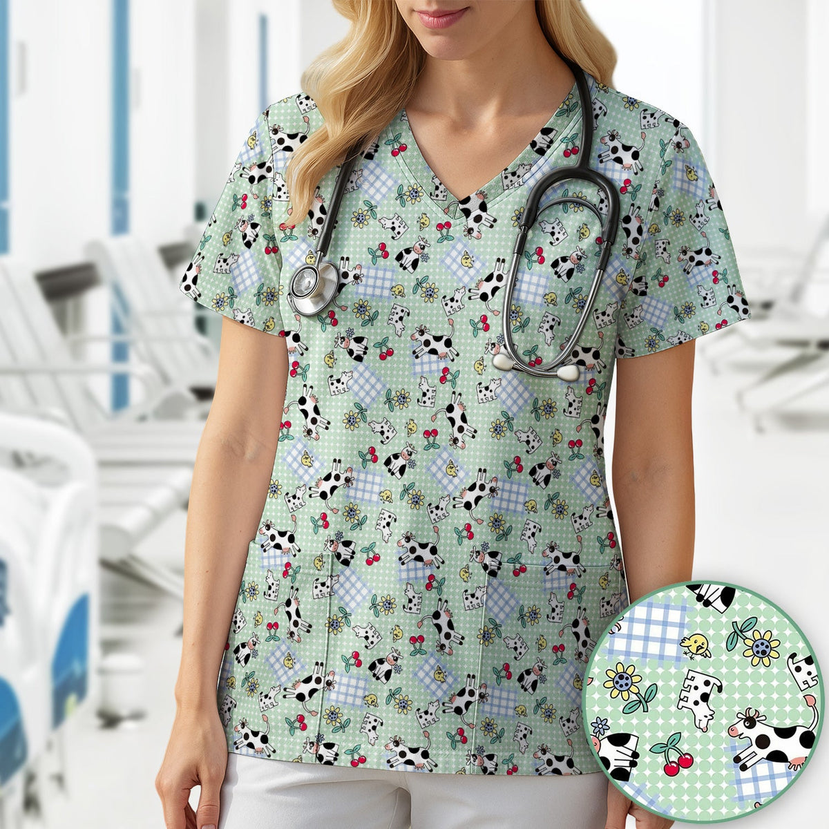 Cow Cherry Farm Garden Nurse Scrub Top