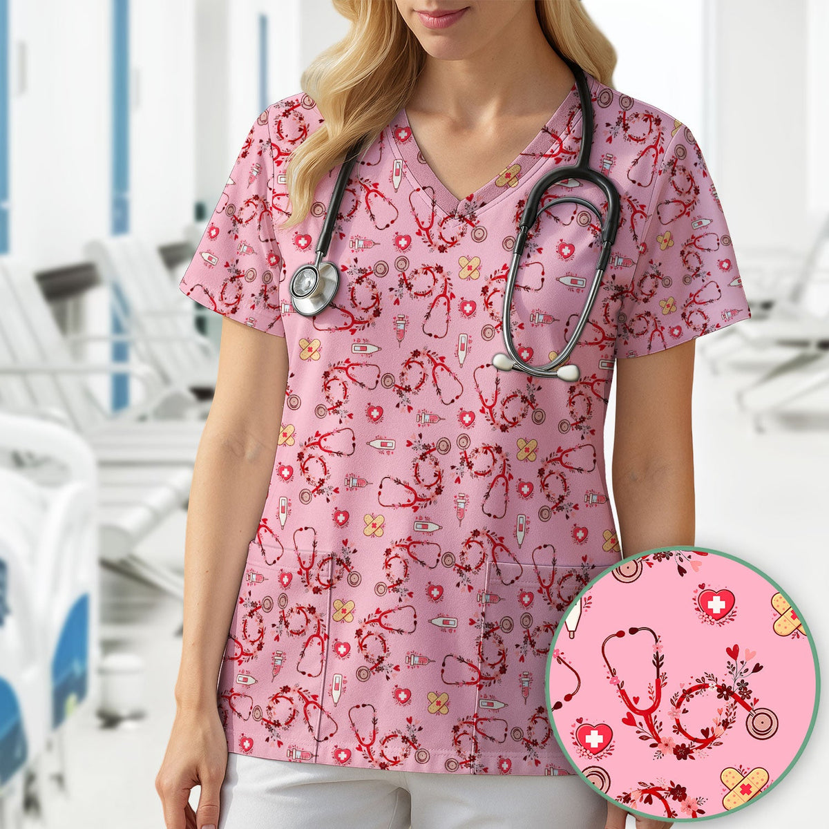 Heart Stethoscope Nurse Scrub Top