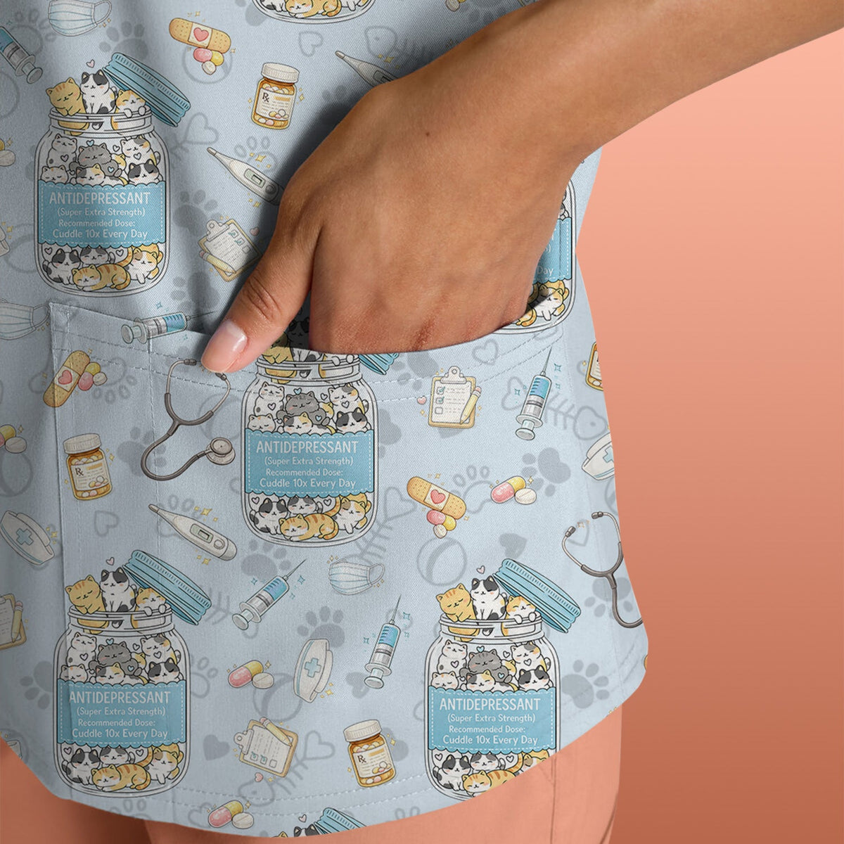 Cute Antidepressant Cat Jar Print Nurse Scrub Top, Breathable Fabrics Nursing Uniform