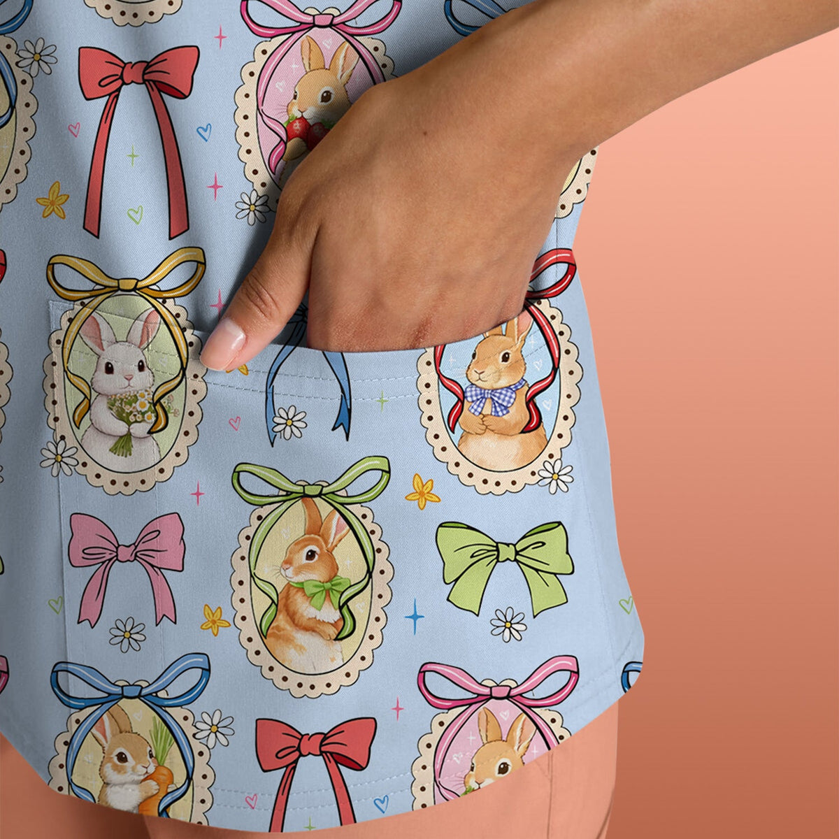 Bunny Cameo Bow Nurse Scrub Top - Easter Gift