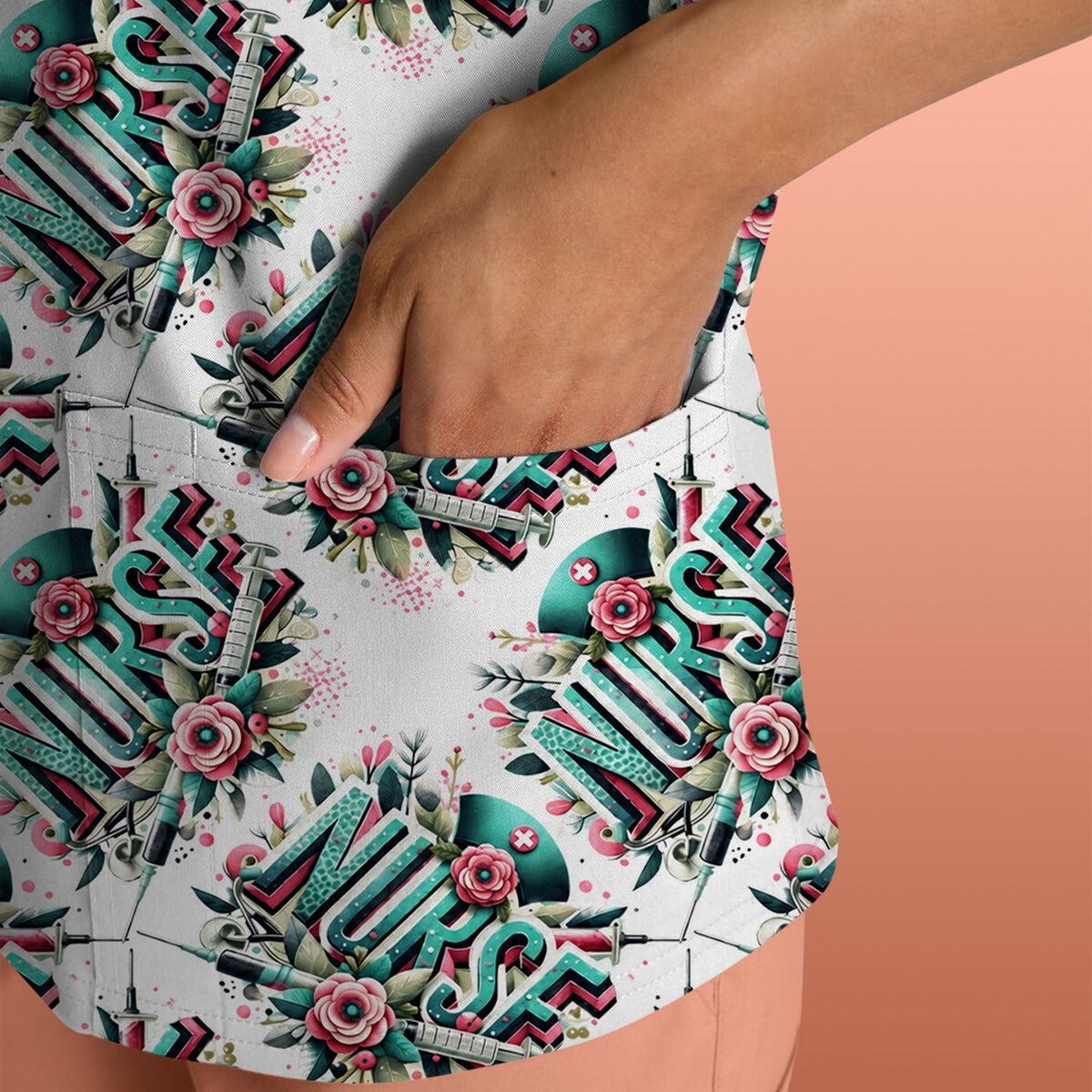 Typography Floral Nurse Scrub Top