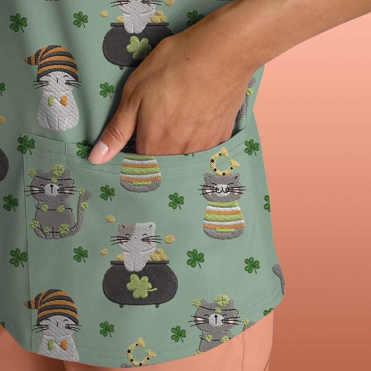 St Patrick Lucky Cat Shamrock Nurse Scrub Top