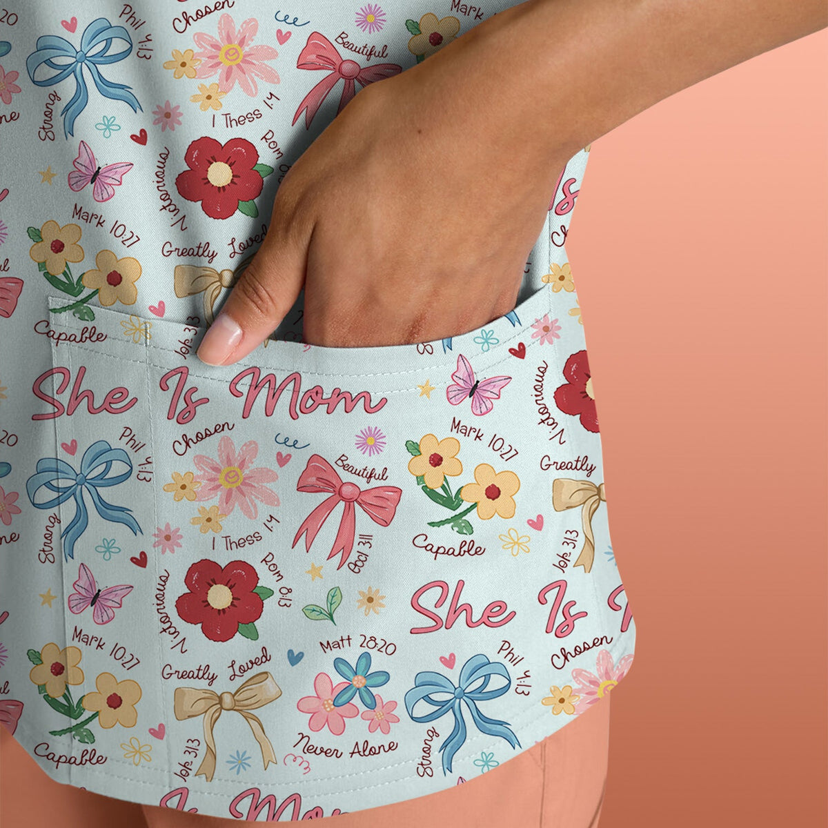 She Is Mom Floral Bow Nurse Scrub Top