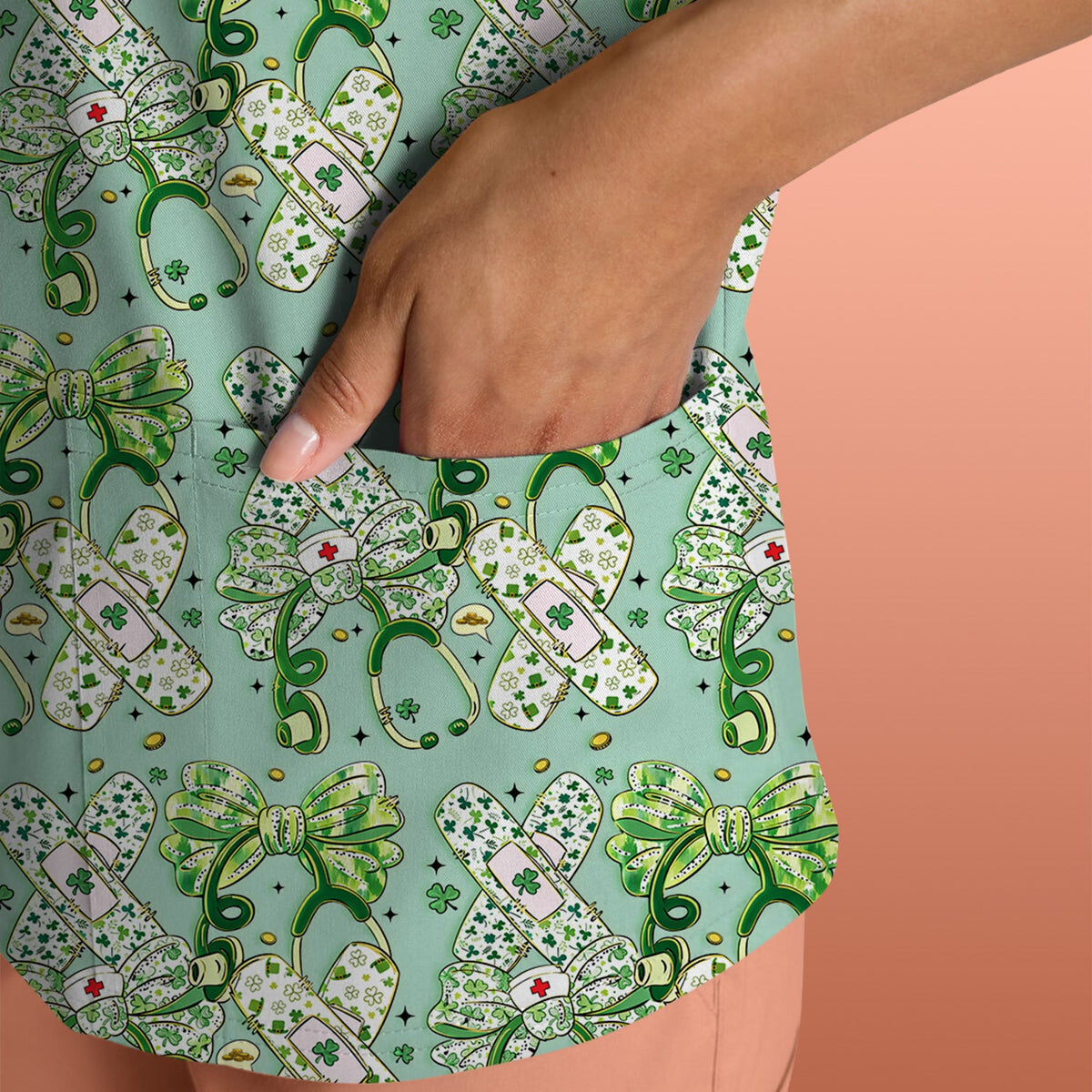 St Patrick Shamrock Stethoscope Nurse Scrub Top