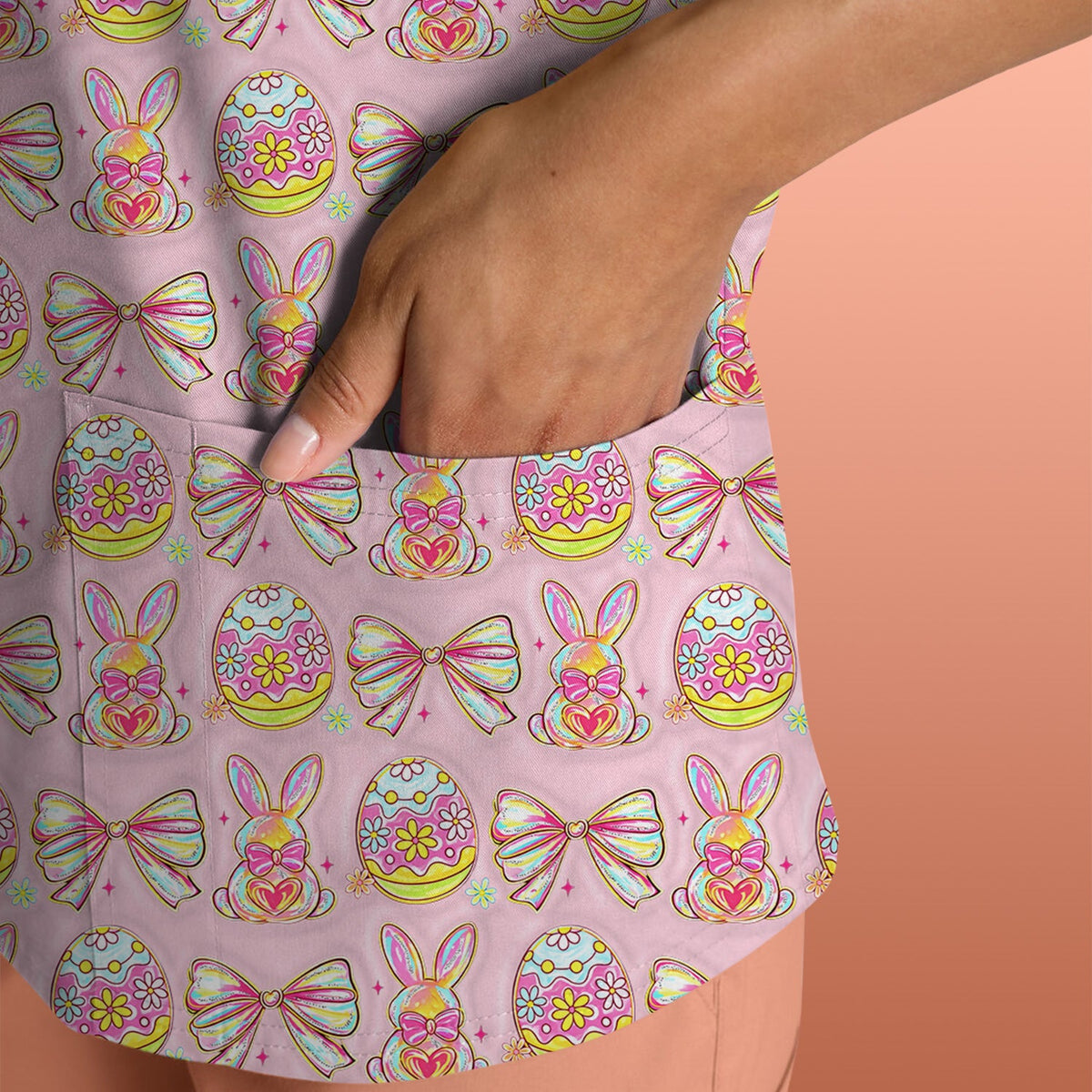 Bunny Pastel Egg Bow Nurse Scrub Top - Easter Gift