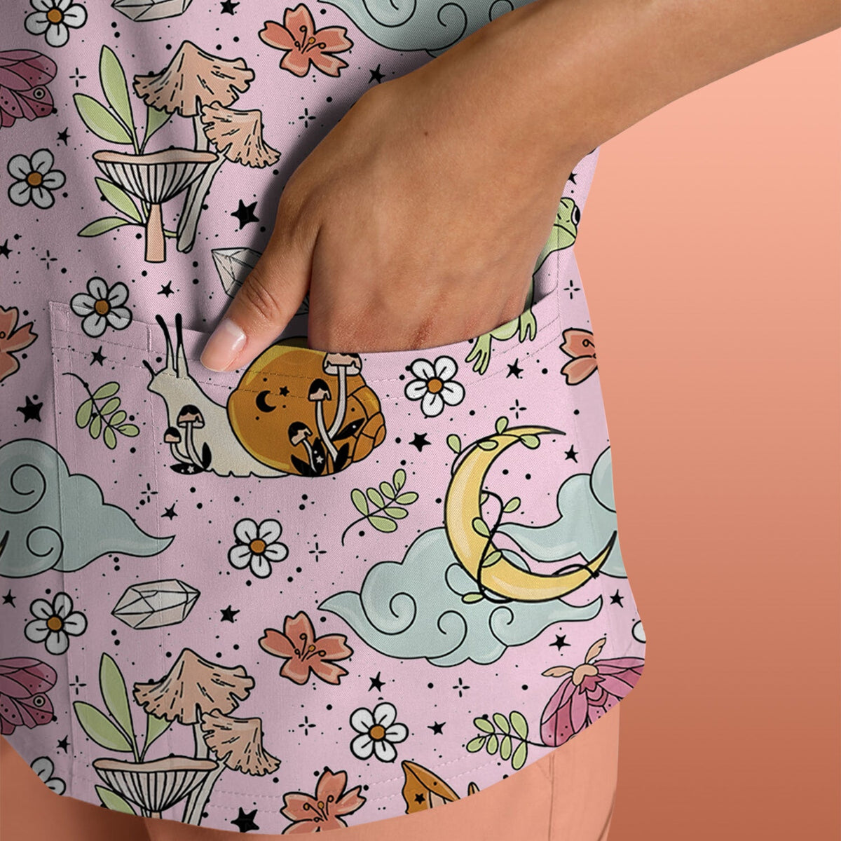 Whimsical Frog Moon Mushroom Nurse Scrub Top