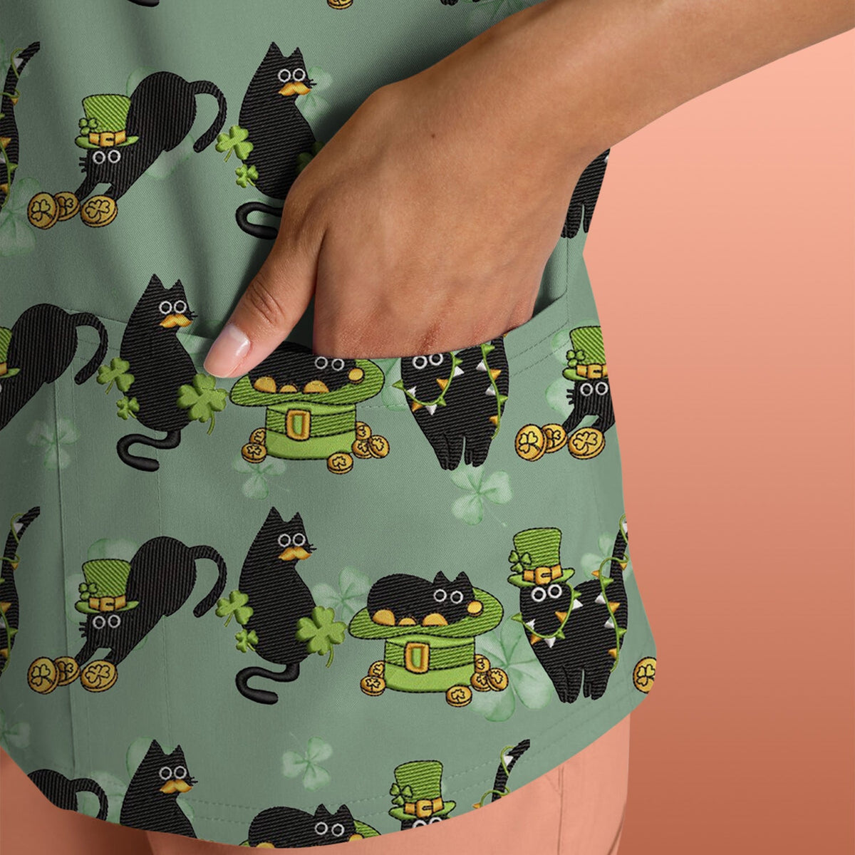 St Patrick Black Cat Clover Nurse Scrub Top