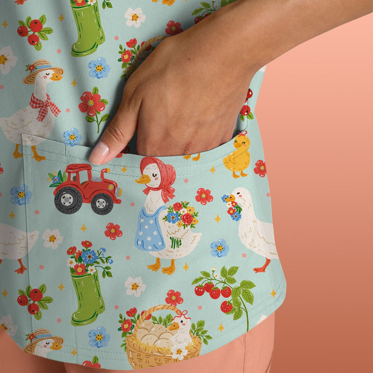 Farm Duck Chicken Tractor Flower Basket Nurse Scrub Top