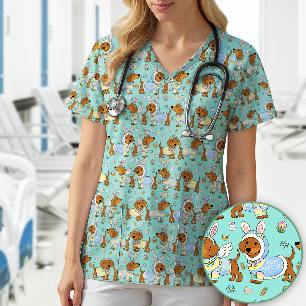 Easter Dachshund Bunny Print Scrub Top, Breathable Fabrics Nursing Uniform