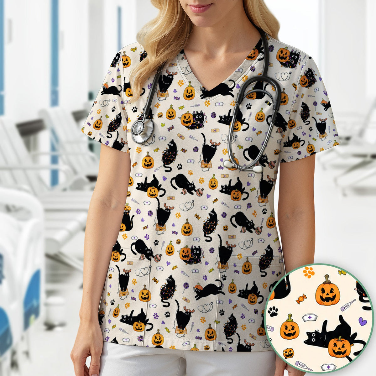 Pumpkin Black Cat Nurse Scrub Top