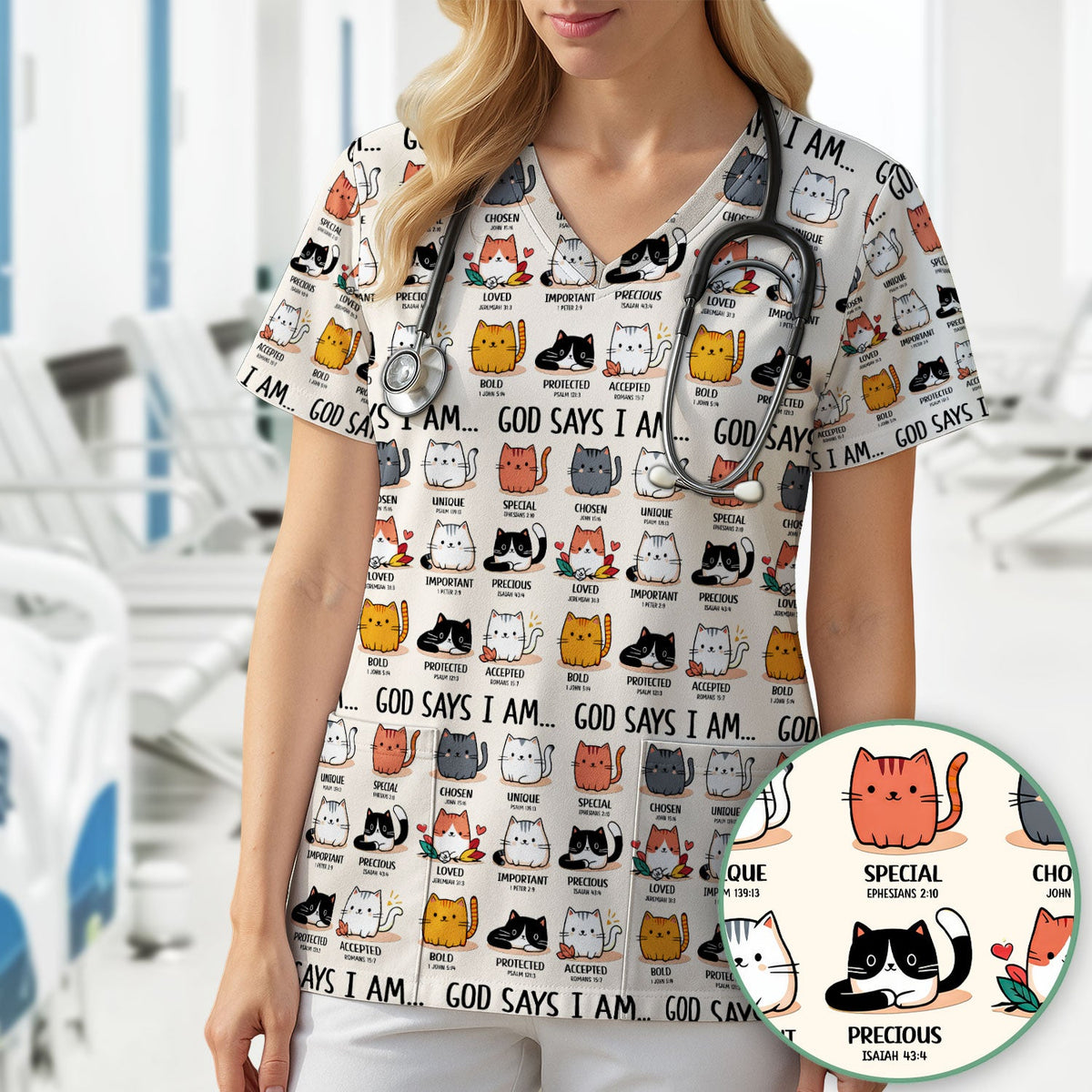 Cat God Says I Am Nurse Scrub Top
