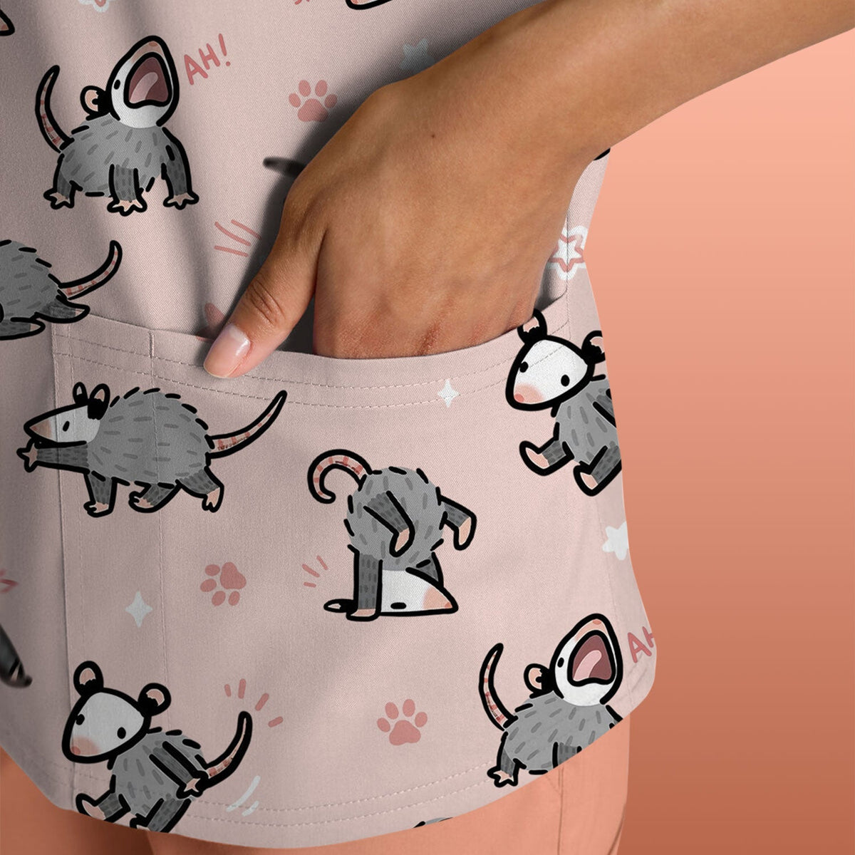 Cartoon Opossum Nurse Scrub Top
